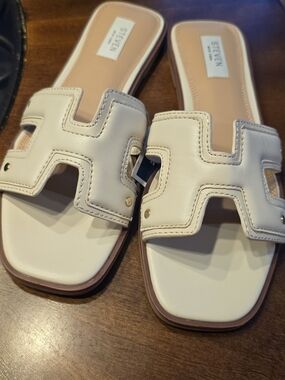 Steven NWT Women's Cream Leather H-Top Slide Sandals, Sz 8.5